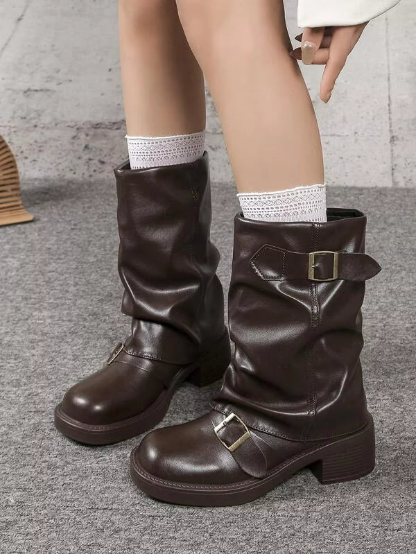 Women's Black Fashion Boots, New Buckle Design, Niche European And American Style, Chunky Heel, Thick Platform, Lightweight, Western Wrinkle Boots, Vintage Motorcycle Boots, Slim Figure, Fall/Winter New Arrival, Brown Color