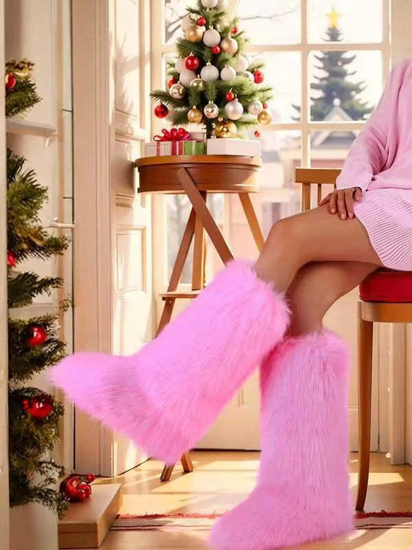Winter Knee High Boots For Women Pull-On Faux Fur Boots Round Toe Fashion Boots Warm Knee High Boots OutdoorFlat Shoes Party Dressy Women Winter Boots